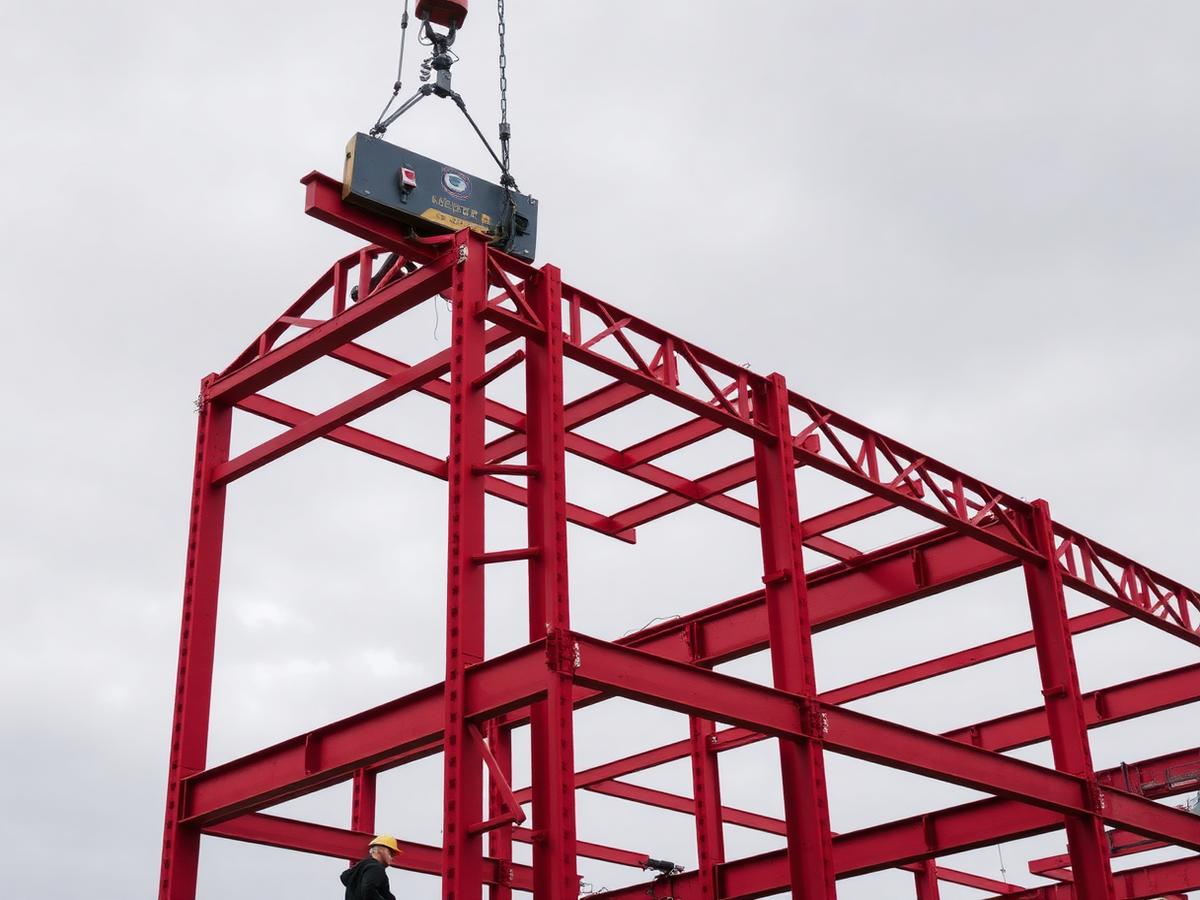 Crane setting a red-iron rigid frame rafter during steel building erection